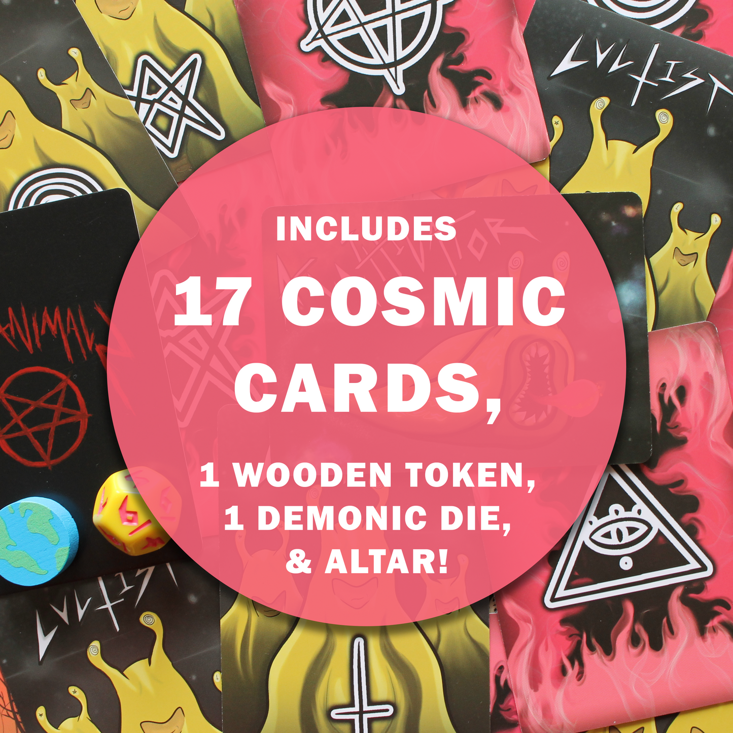 Annihilation card game contents - Cosmic horror cards, dice, & token - featuring cultists and slug.