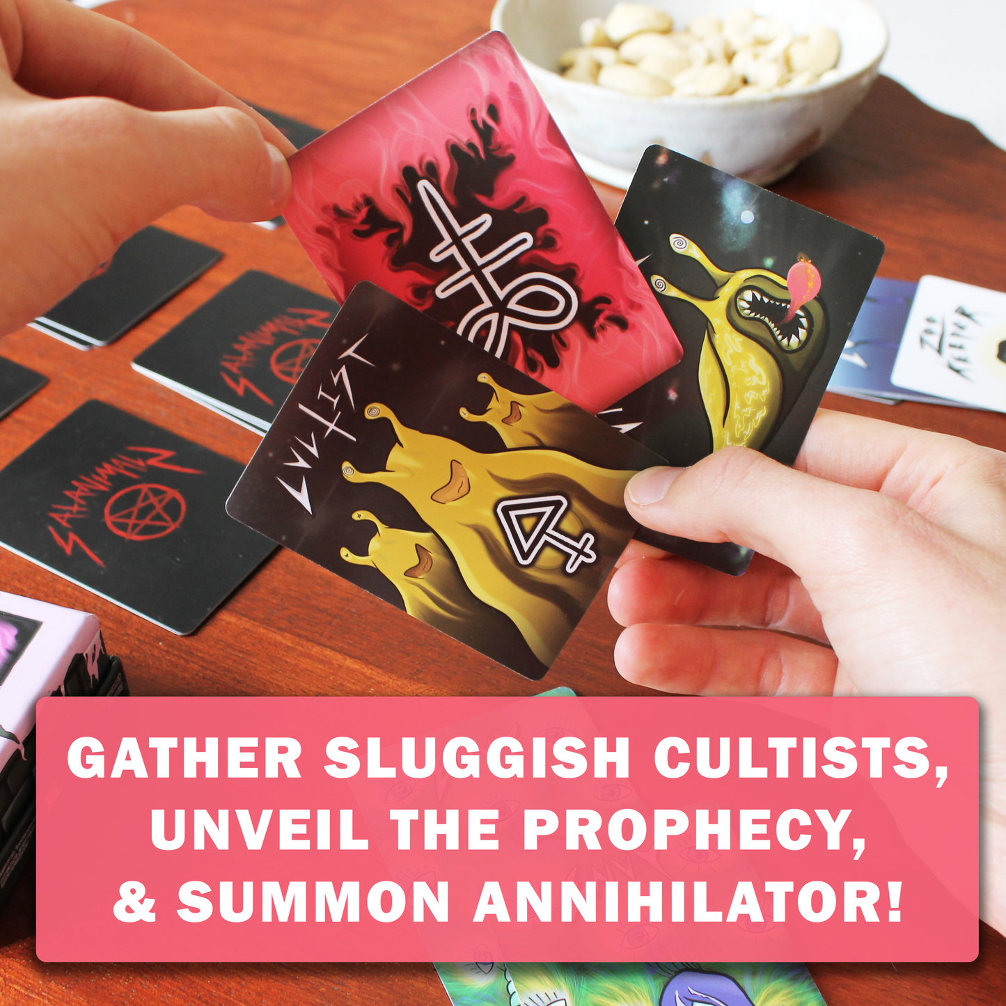 SATANIMALS expansion cards from Annihilation showing cultist, prophecy, and cosmic horror banana slug