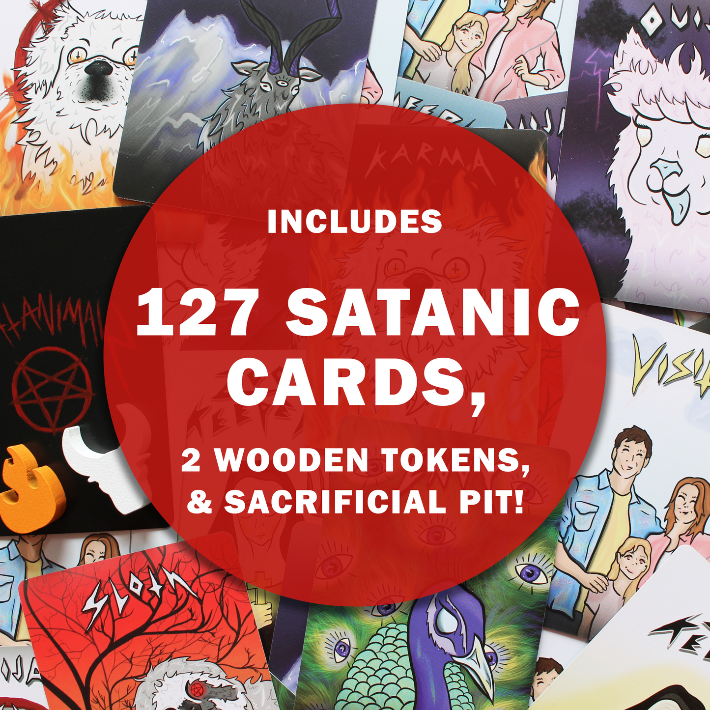 SATANIMALS card game contents - Satanic cards and tokens, featuring various animal card designs.