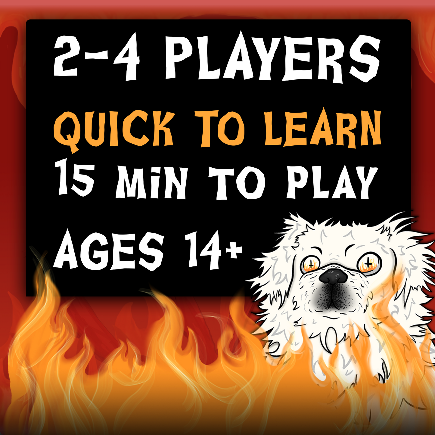 SATANIMALS game info - player count, learning curve, play time, and target age group. 2-4 players, 15 minutes, 14+
