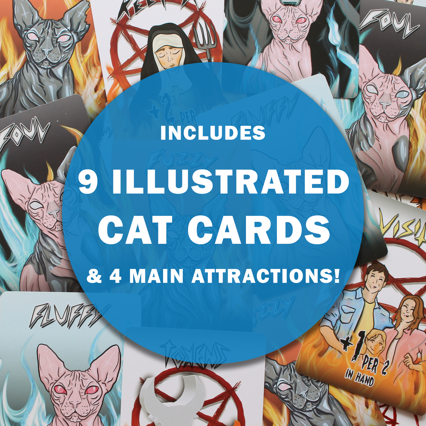 Littergy card game contents - Satanic cat cards featuring necromancer sphynx cats