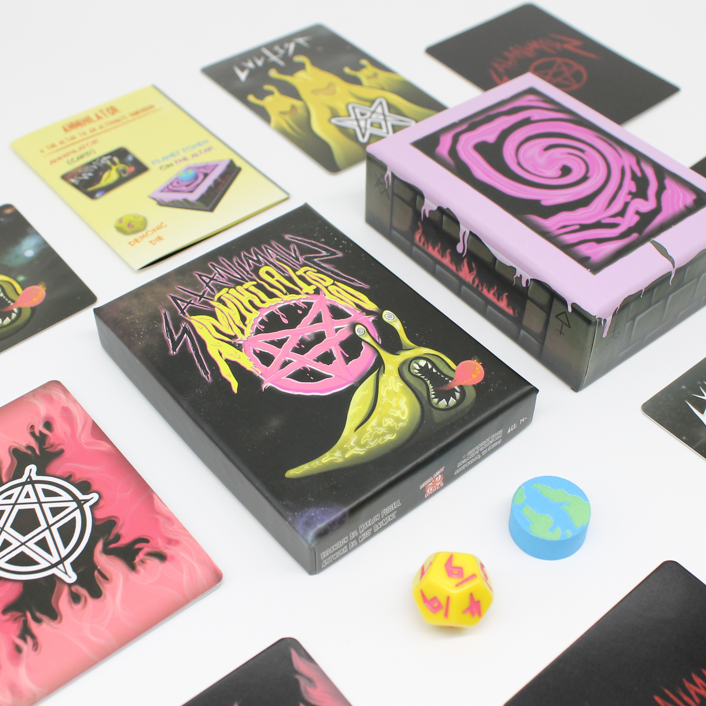 Component layout for SATANIMALS: Annihilation – altar, cards, demonic die, and earth token
