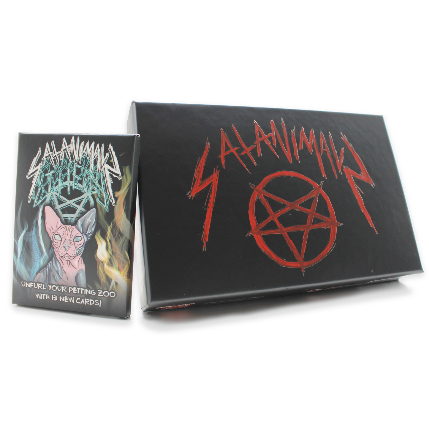 Bundle of SATANIMALS cute goth card game next to SATANIMALS: Littergy occult hairless cat expansion
