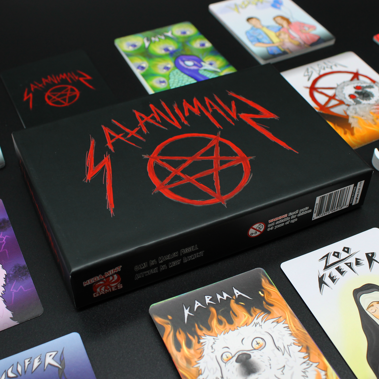 SATANIMALS - demonic party card game box with heavy-metal inspired, satanic zoo artwork