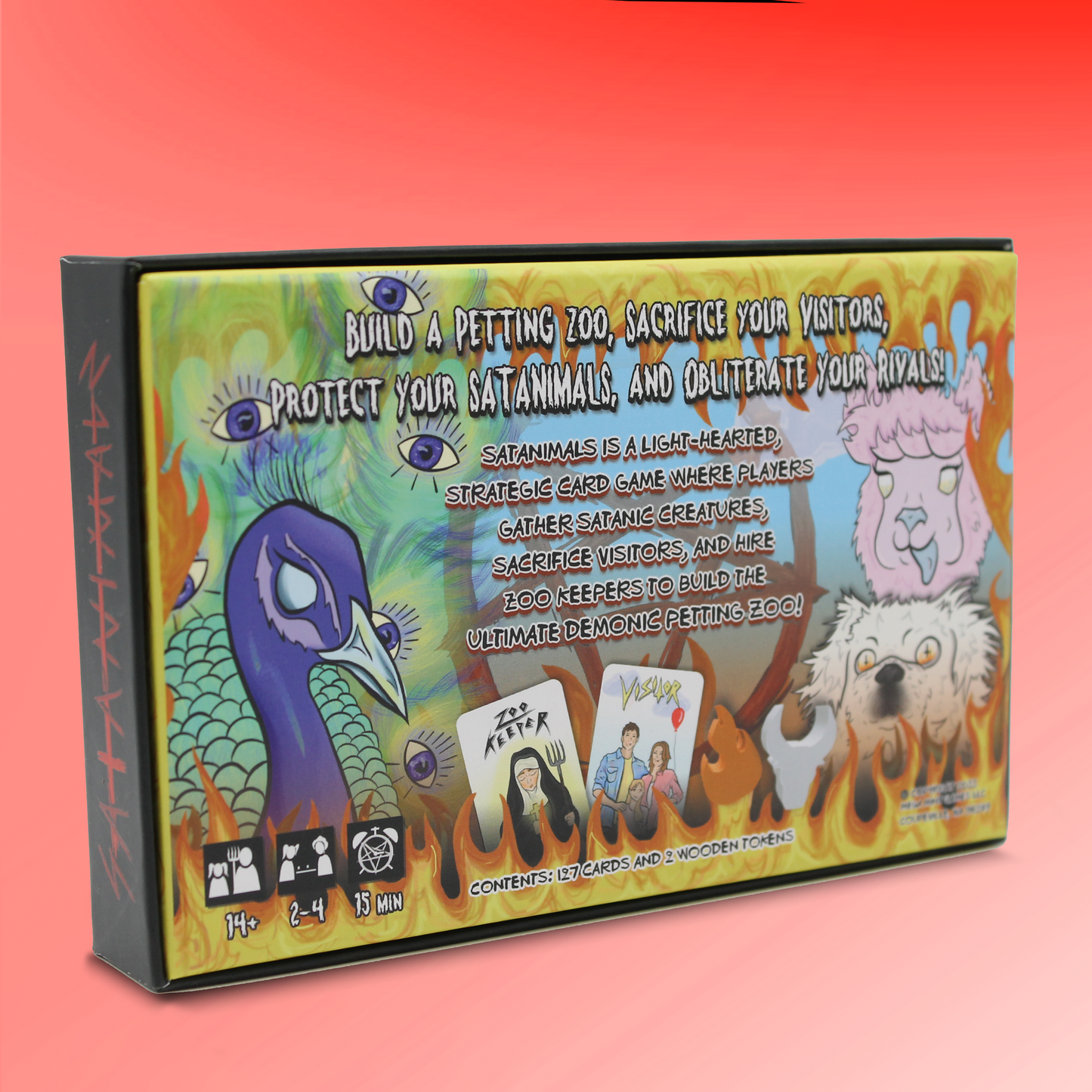 SATANIMALS game box back cover with details. Cute satanic animal illustrations.