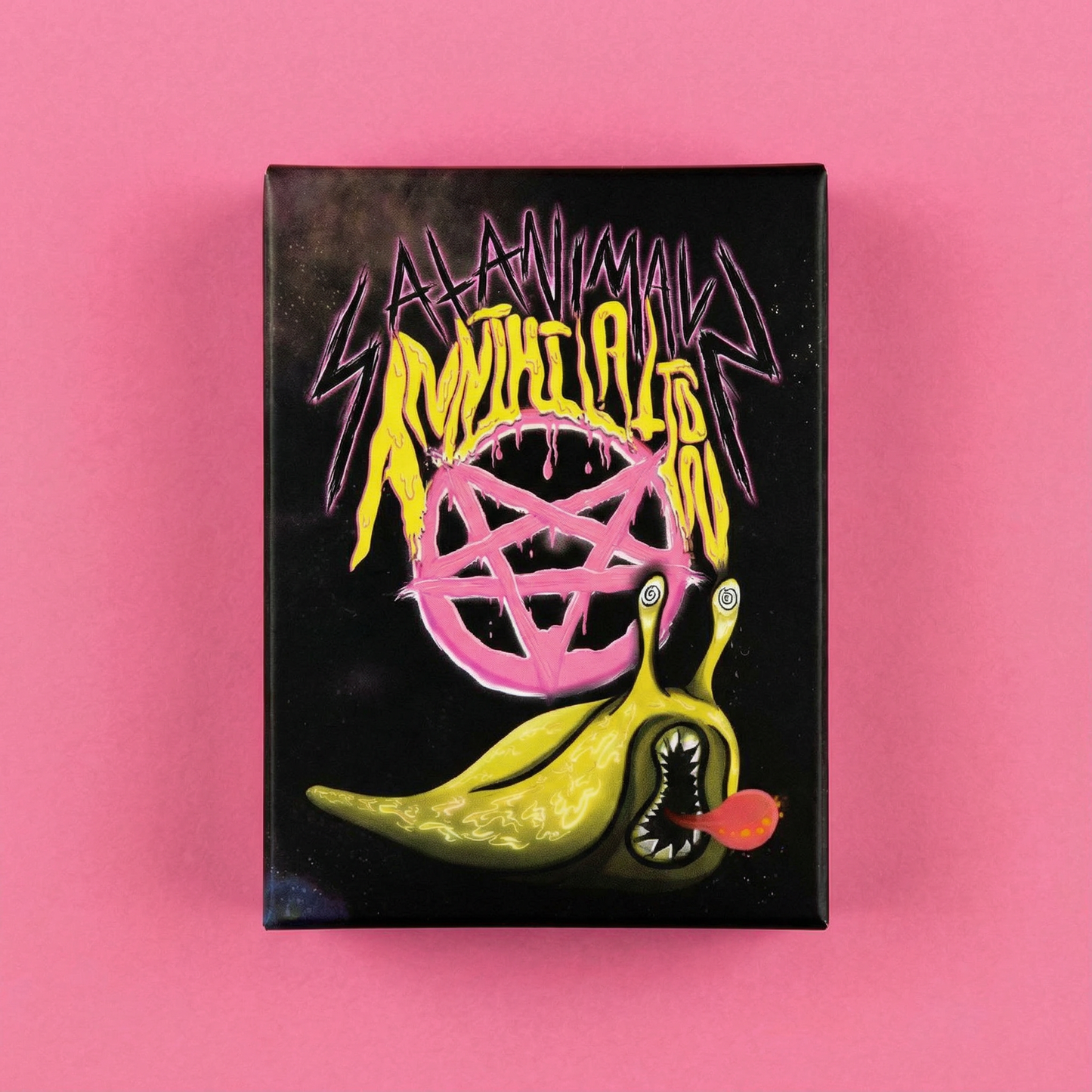 Black SATANIMALS: Annihilation game box with banana slug on pink background
