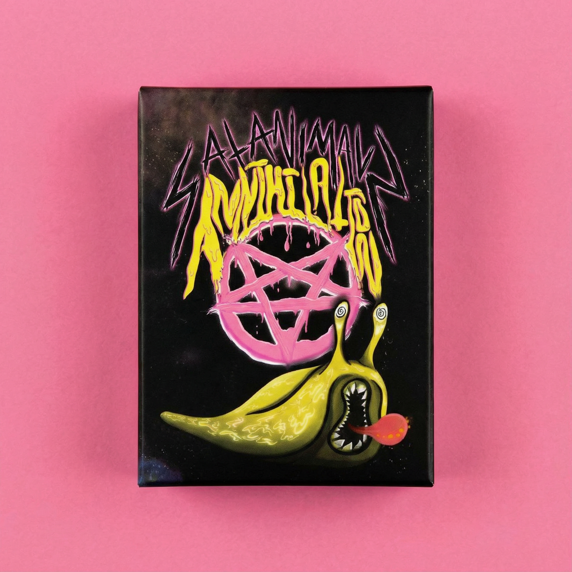 Black SATANIMALS: Annihilation game box with banana slug on pink background