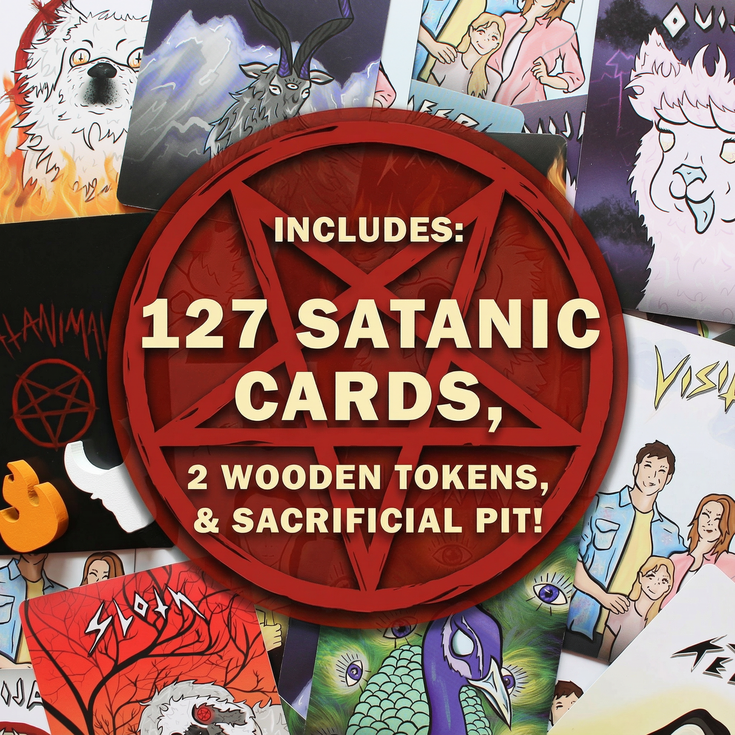 SATANIMALS card game contents - Satanic cards and tokens, featuring various animal card designs.
