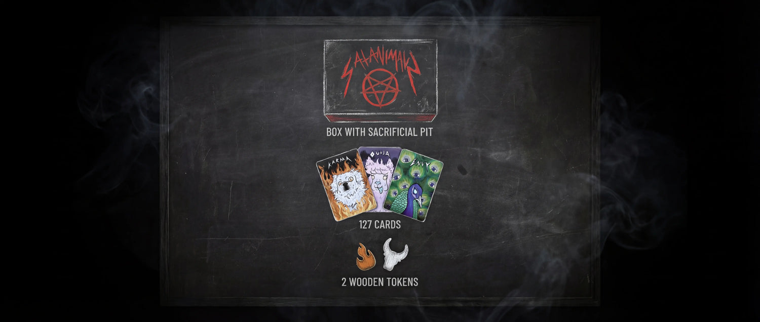 A chalkboard sketch of SATANIMALS card game components