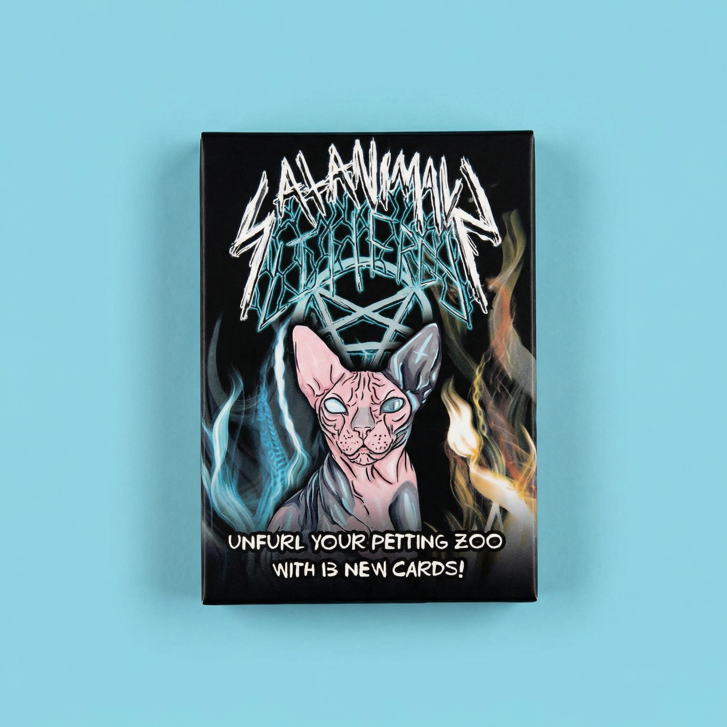 Black SATANIMALS: Littergy game box with sphynx cat on blue background
