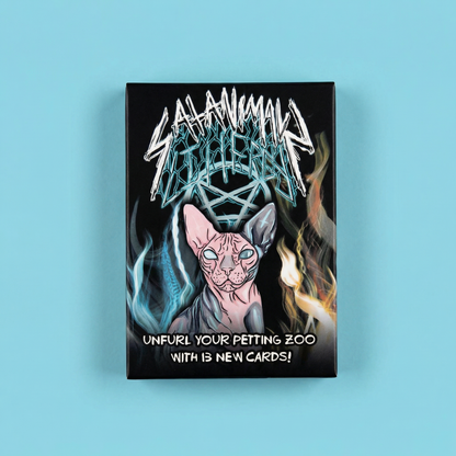 Black SATANIMALS: Littergy game box with sphynx cat on blue background