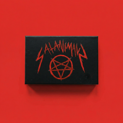 Black SATANIMALS game box with red pentagram on red background