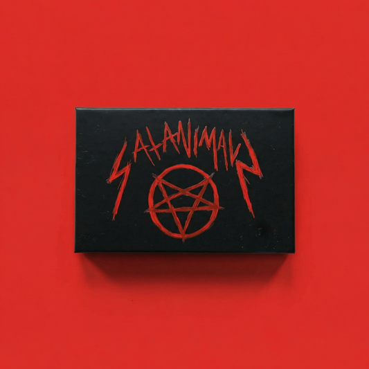 Black SATANIMALS game box with red pentagram on red background