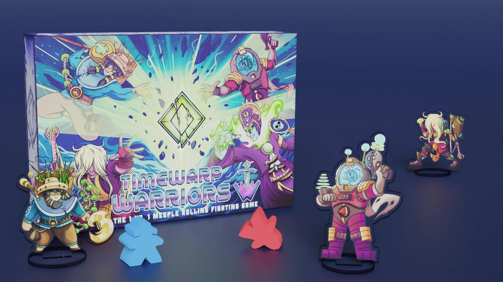 Render of TimeWarp Warriors box with acrylic figures and custom meeples