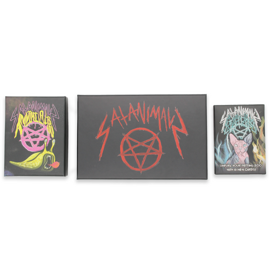 Bundle of SATANIMALS cute goth card game next to SATANIMALS: Annihilation cosmic horror expansion & SATANIMALS: Littergy occult expansion